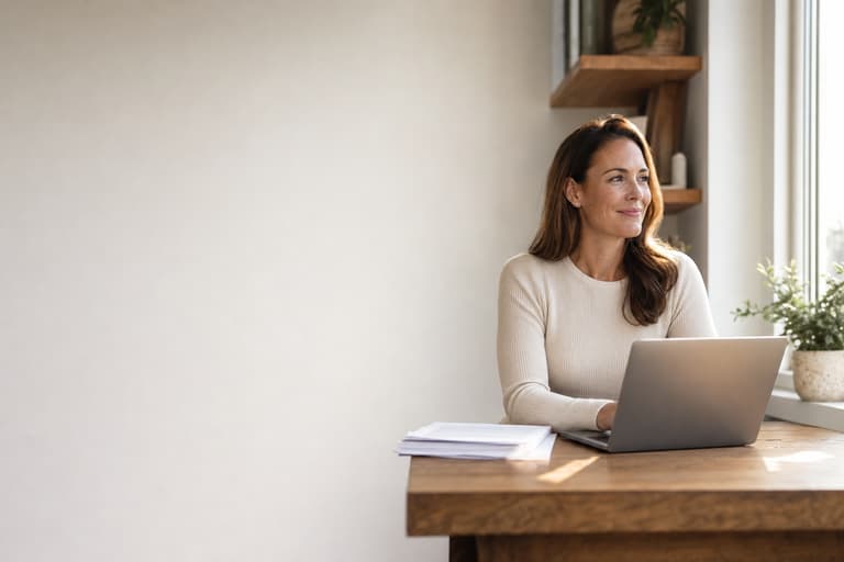 A grant writer working at a desk by a window